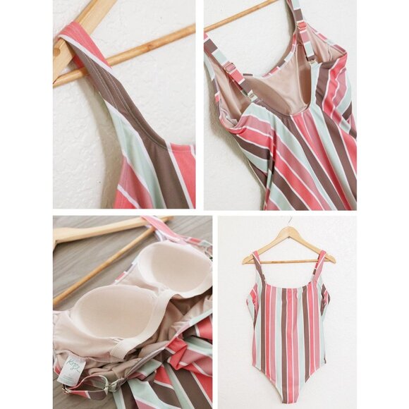 Kona Sol Scoop Neck Mint Mauve Vertical Striped Builtin Bra One Piece Swimsuit L - Picture 6 of 10